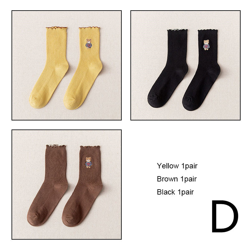 Women's Bear Embroidered Fungus Lace Mid Tube Socks