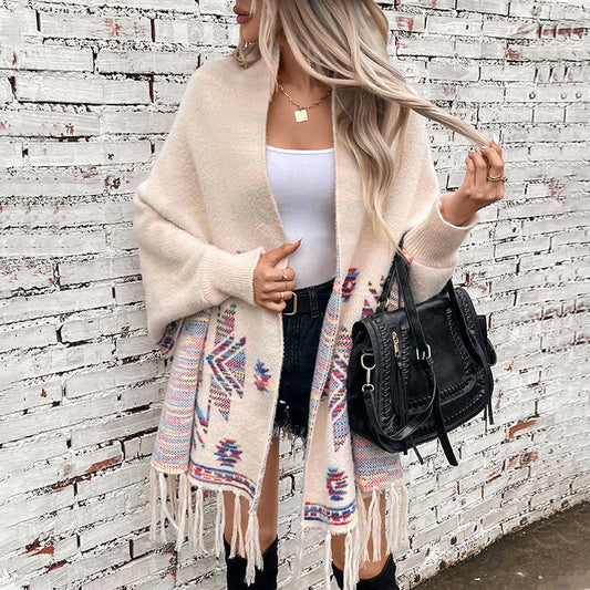 Dame Pop Geometrisk Jacquard Kvast Sjal i Etnisk Stil