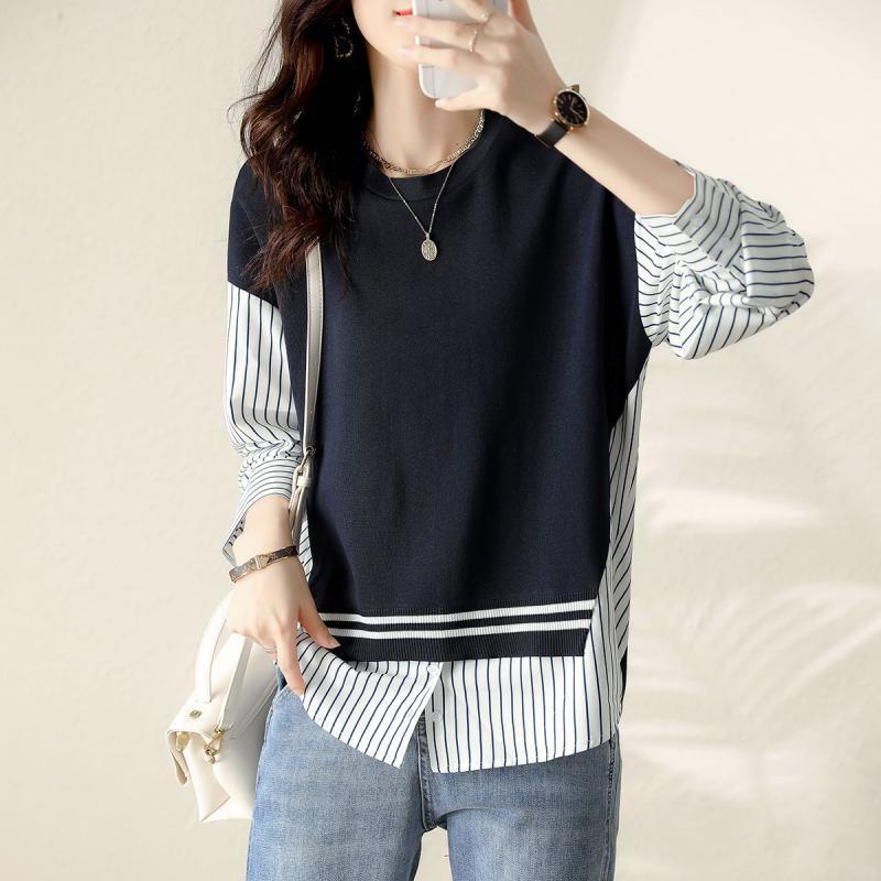Slimming Stripes False Two-piece Patchwork Shirt All-matching Graceful Women's Simple Round Neck Sweater