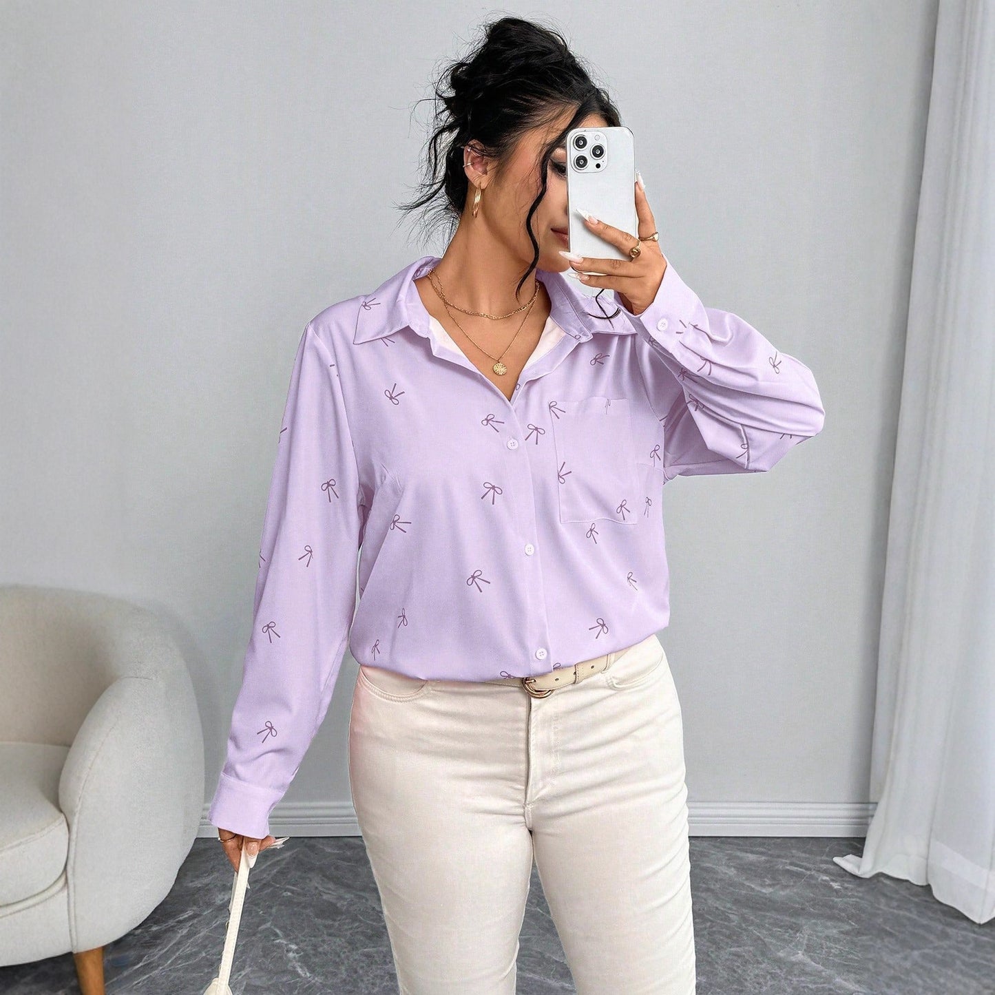 New Plus Size Womens Shirt Jacket With Bow Tie And Print Long Sleeve Top
