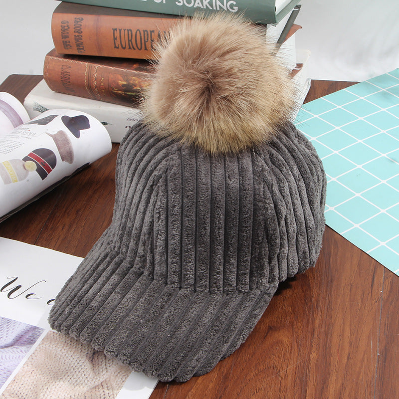 Ladies Fur Ball Solid Color Corduroy Hat