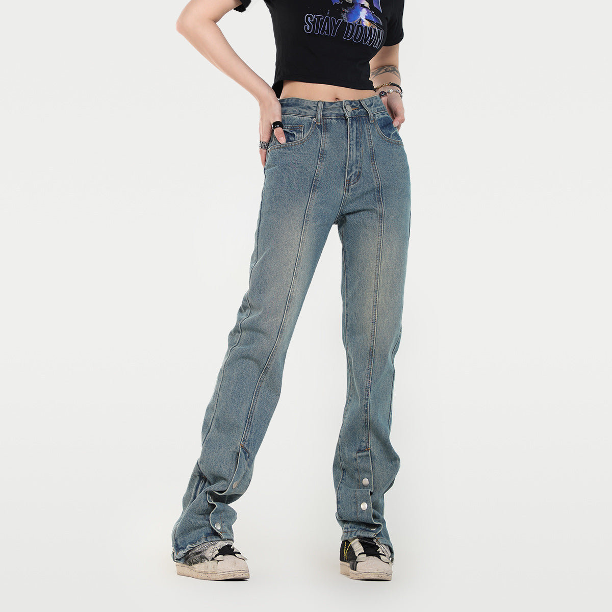 Buckle Straight Personality Foot Mouth Slimming Jeans
