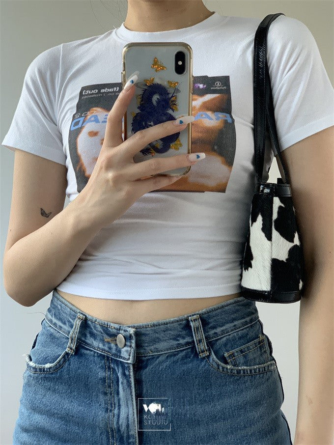 Simple Slim Fit Stretch Cat Letter Print Short Sleeves