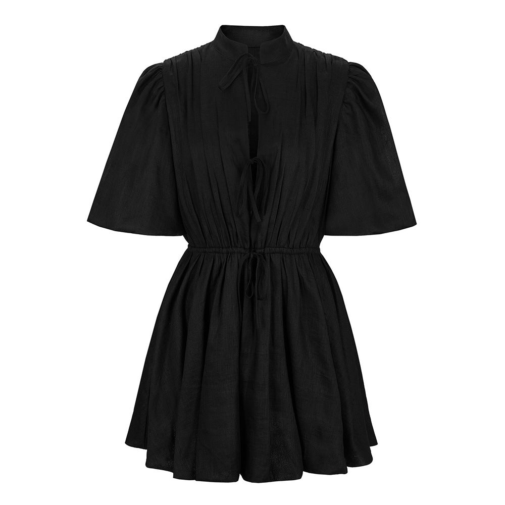 Stand-collar Sweet Lace-up Pleated Waist-cinched A-line Dress