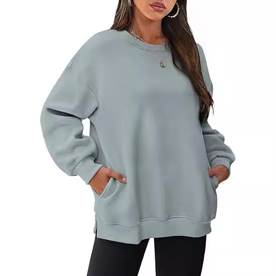 Rundhalset pullover til kvinder – Oversized løs sweatshirt i velour med lange ærmer