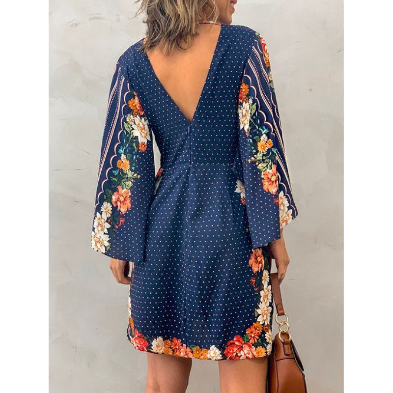 Womens V-neck Backless Long-sleeve Dress