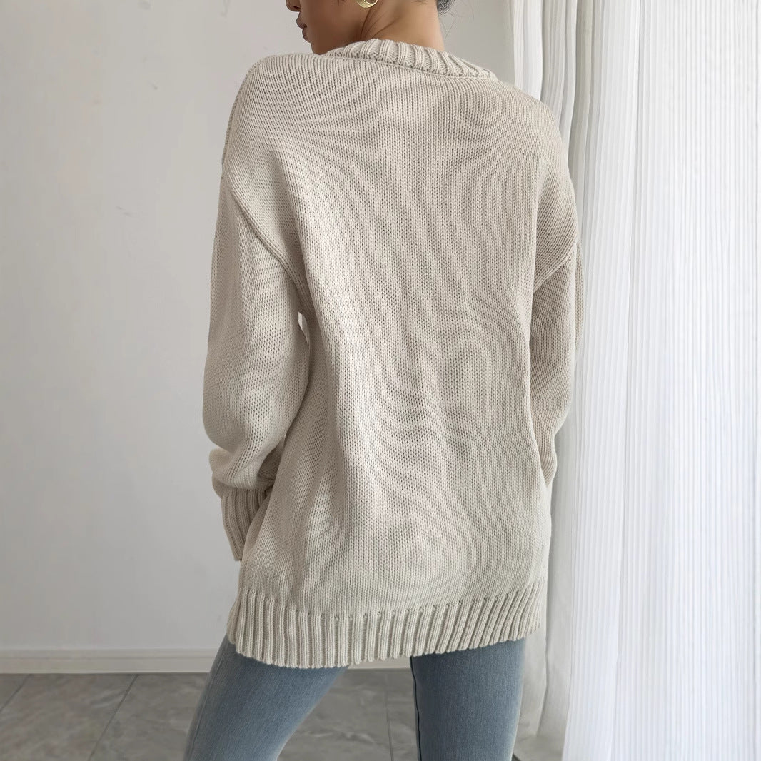 Women's Knitted Sweater Round Neck Pocket