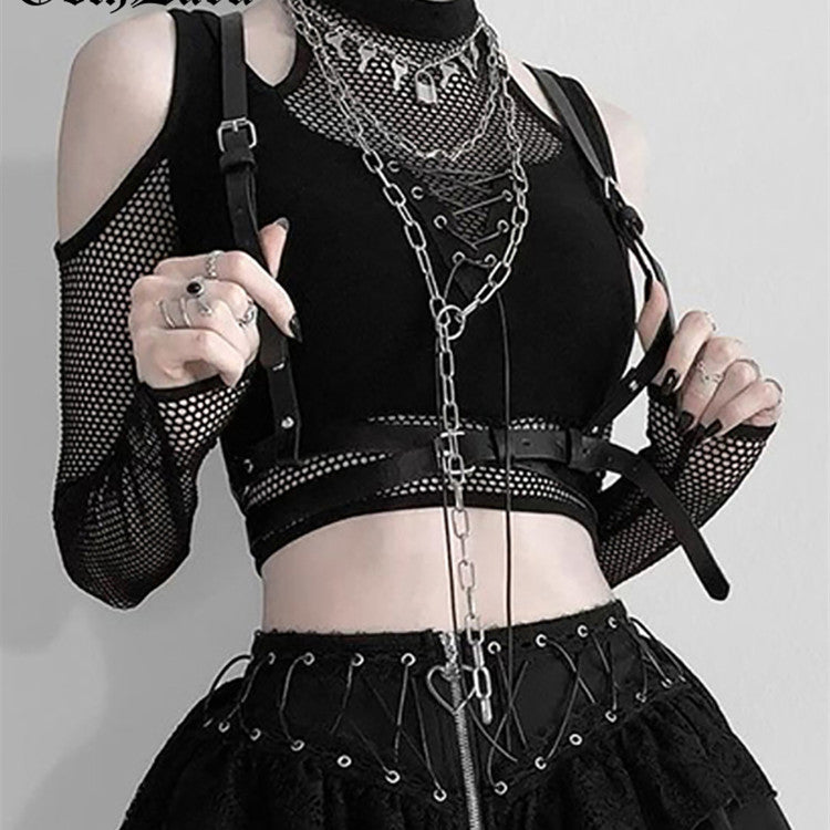 Mesh Patchwork Strapless Lace-up Long Sleeve Solid Top