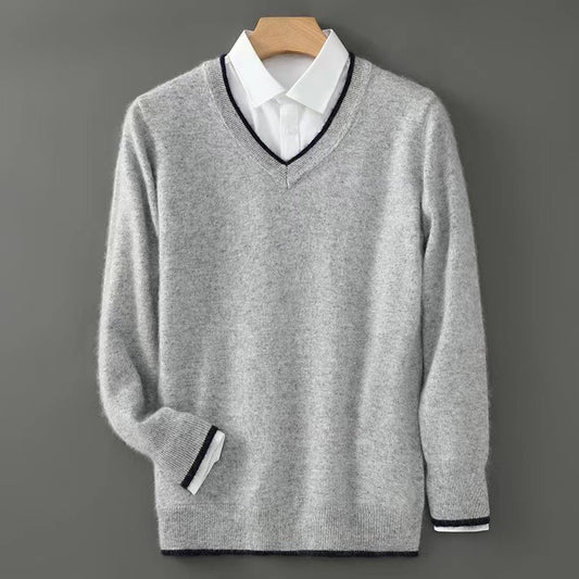 Warm Knitted Wool Sweater With A V-neck And Pullover Design