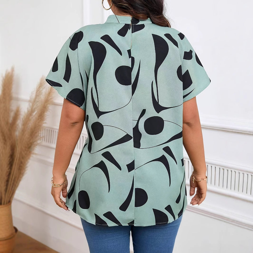 Fashion Women's Stand-up Collar Asymmetric Print Waist-tie Shirt