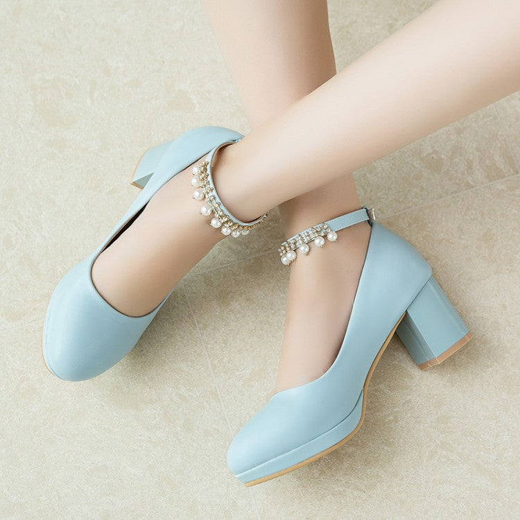 Fashion New Sweet Pearl Buckle Chunky Heel Women's Shoes