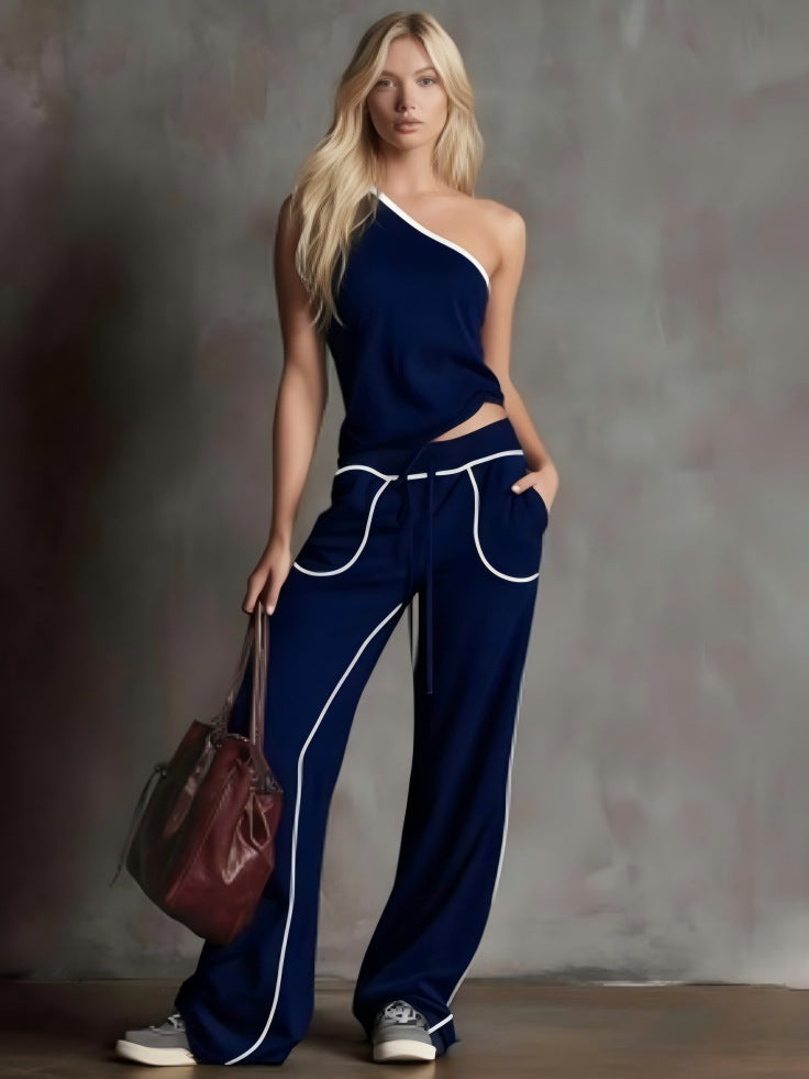 Womens Straight-Leg Wide-Leg Pants Off-Shoulder Chic Top Two-Piece Set