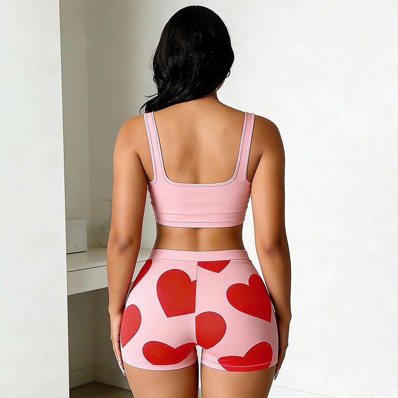 Heart Printed Cropped Tank Top And Tight Shorts Set