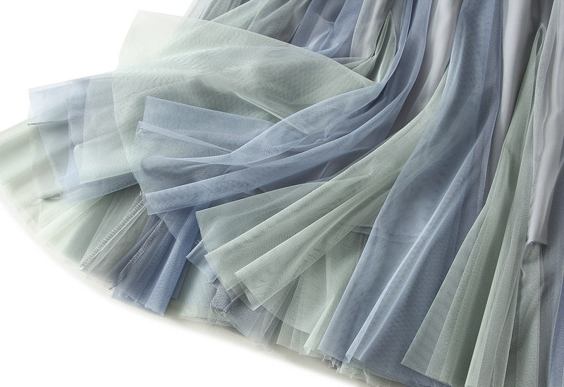Spring And Autumn Double Layer Mesh Bubble Skirt Gradient