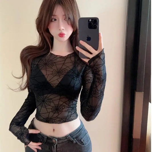 Mesh See-through Thin Slim Fit Slimming Short Top Women