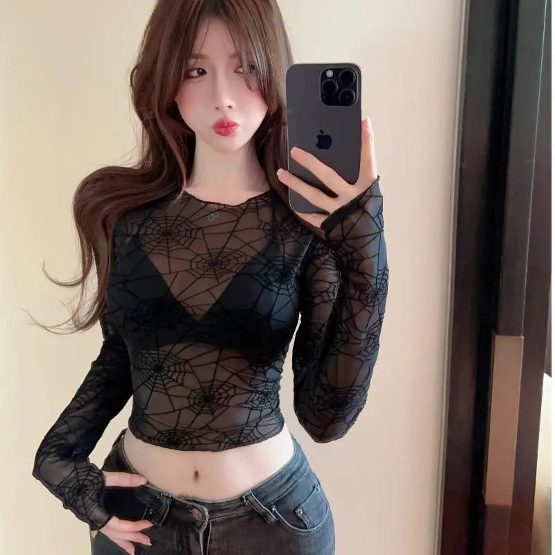 Mesh gennemsigtig tynd slim-fit slankende kort top til kvinder