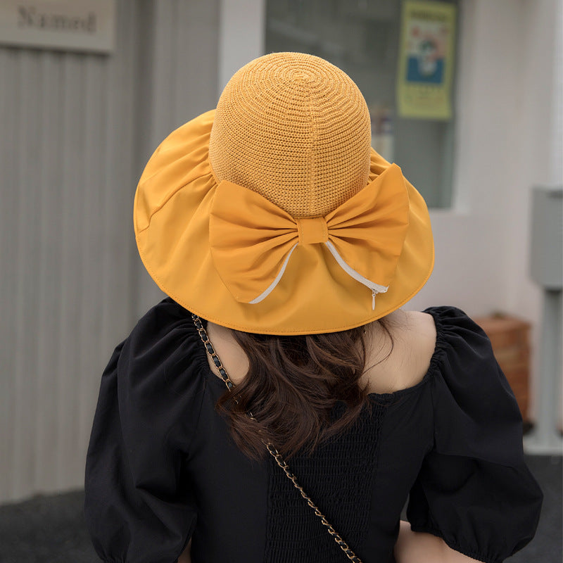 Black Glue Bow Wispy Empty Cycling Big Brim Face Sun Protection Hat