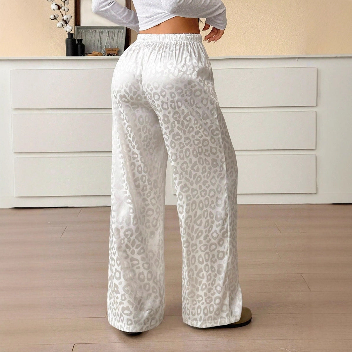 Drawstring Leopard Print Mop Wide Leg Pants