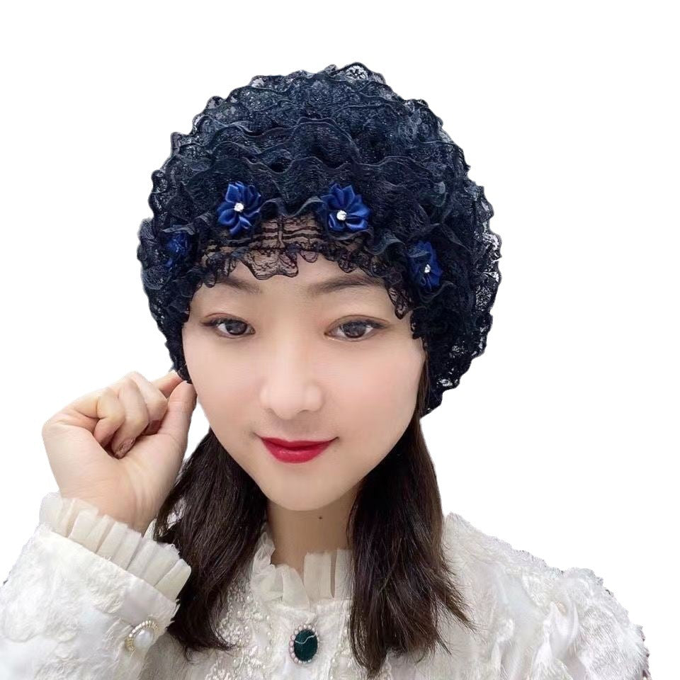 Four Seasons Little Flower Toque Cover Gray Hair Cap Lace
