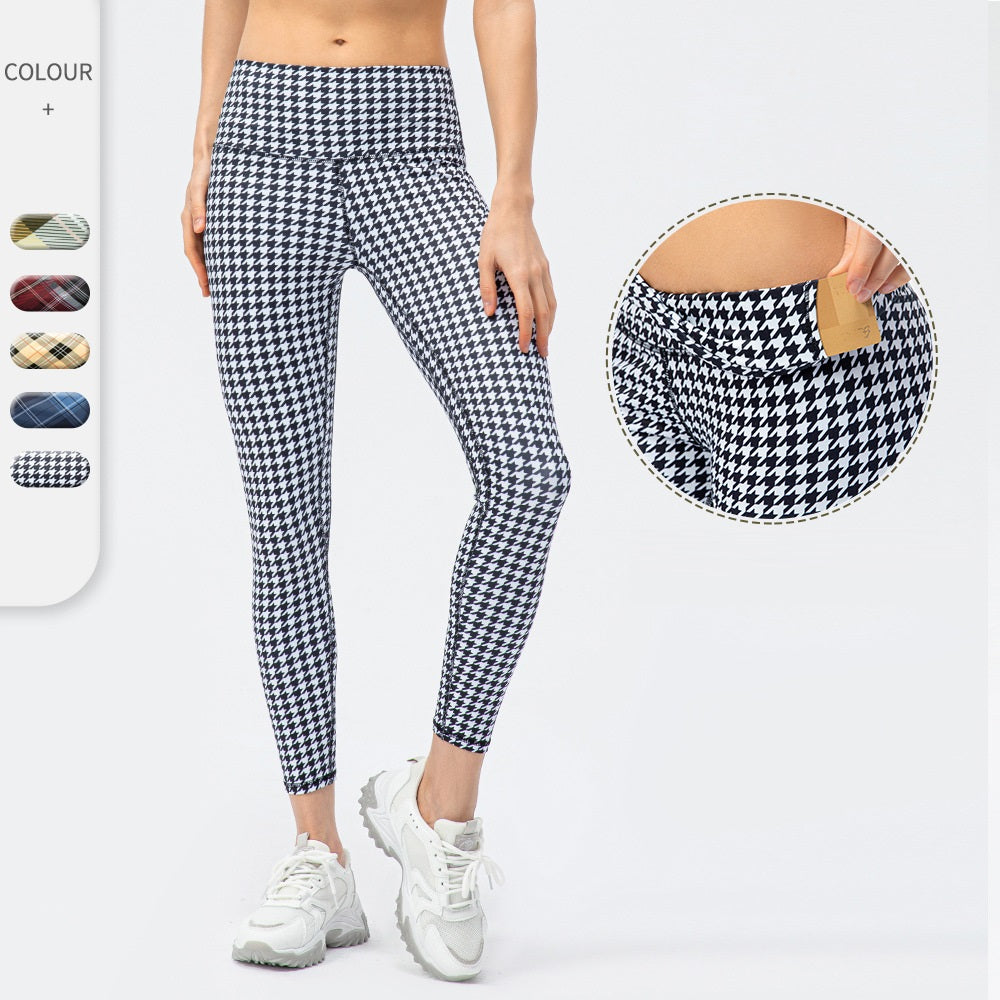 Women's Houndstooth Yoga Trousers Nude Feel High Waist Peach Hip Tight Running Exercise Pants Plaid Elements