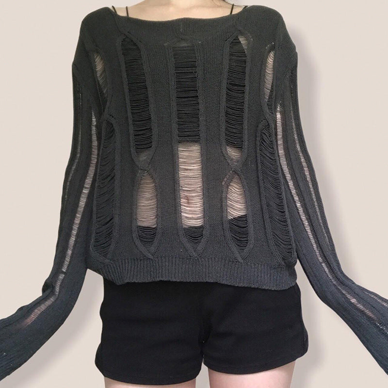 Temperament Crew Neck Long Sleeve Hollow-out Loose Casual Bottoming Sweater