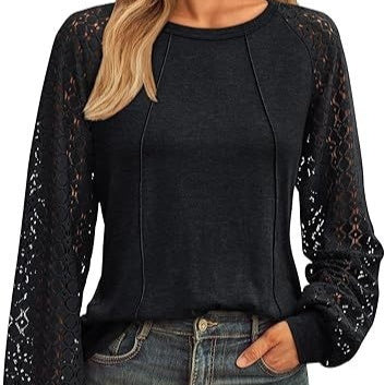 Women's Lace Patchwork Round Neck Pleated Long Sleeve Top