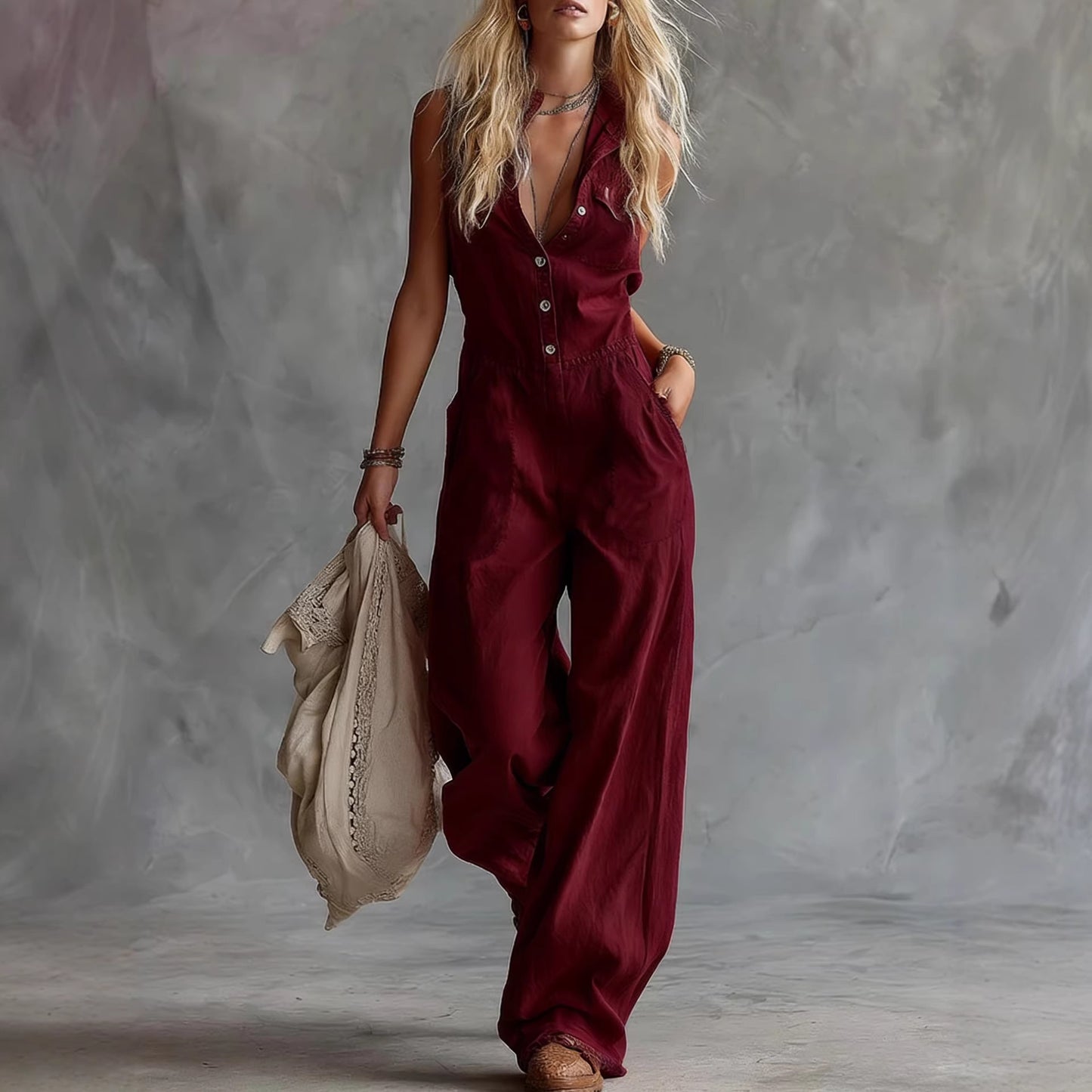 Womens Solid-Color Casual Fashion V-Neck Front-Button Sleeveless Jumpsuit