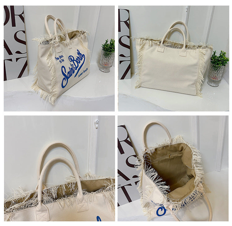 Women's Korean-style Letter Tassel Canvas Bag With Large Capacity