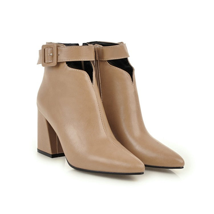 British Pointed Toe Belt Buckle Side Zipper Thick Heel High Heel Women's Boots