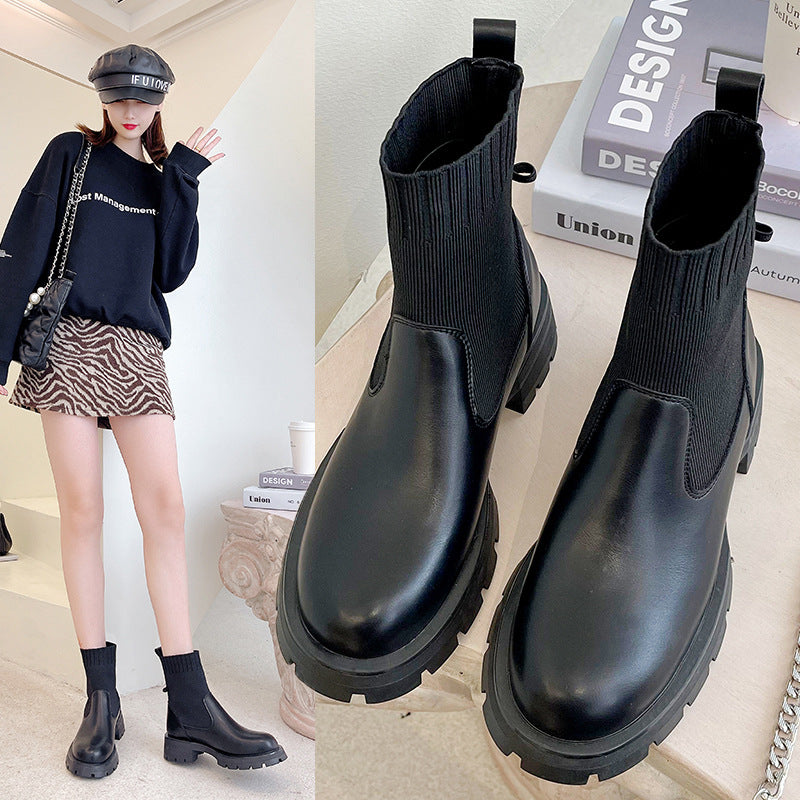 Retro Style Chain Martin Knitted Stretch Two-wear Short Boots