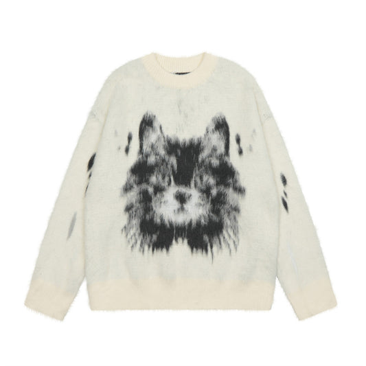 Animal Jacquard Brushed Round Neck Sweater Men's Loose