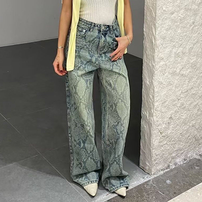 Women's American Style Spliced Snake Pattern Straight Leg Jeans
