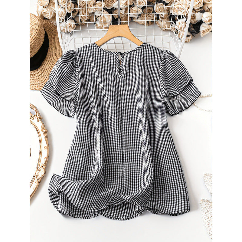 Plaid-print Short-sleeve Crew-neck Top With Trim And Pleats