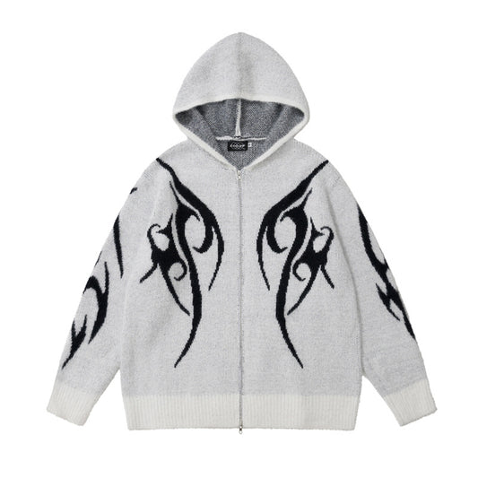 Totem Jacquard Contrast Color Hooded Zip Sweater