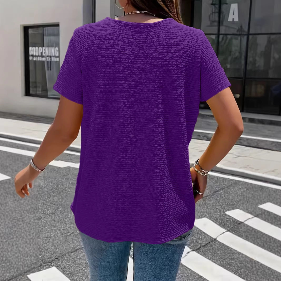 Pleated Fabric Solid-color Faux-button Doll-collar Top T-shirt