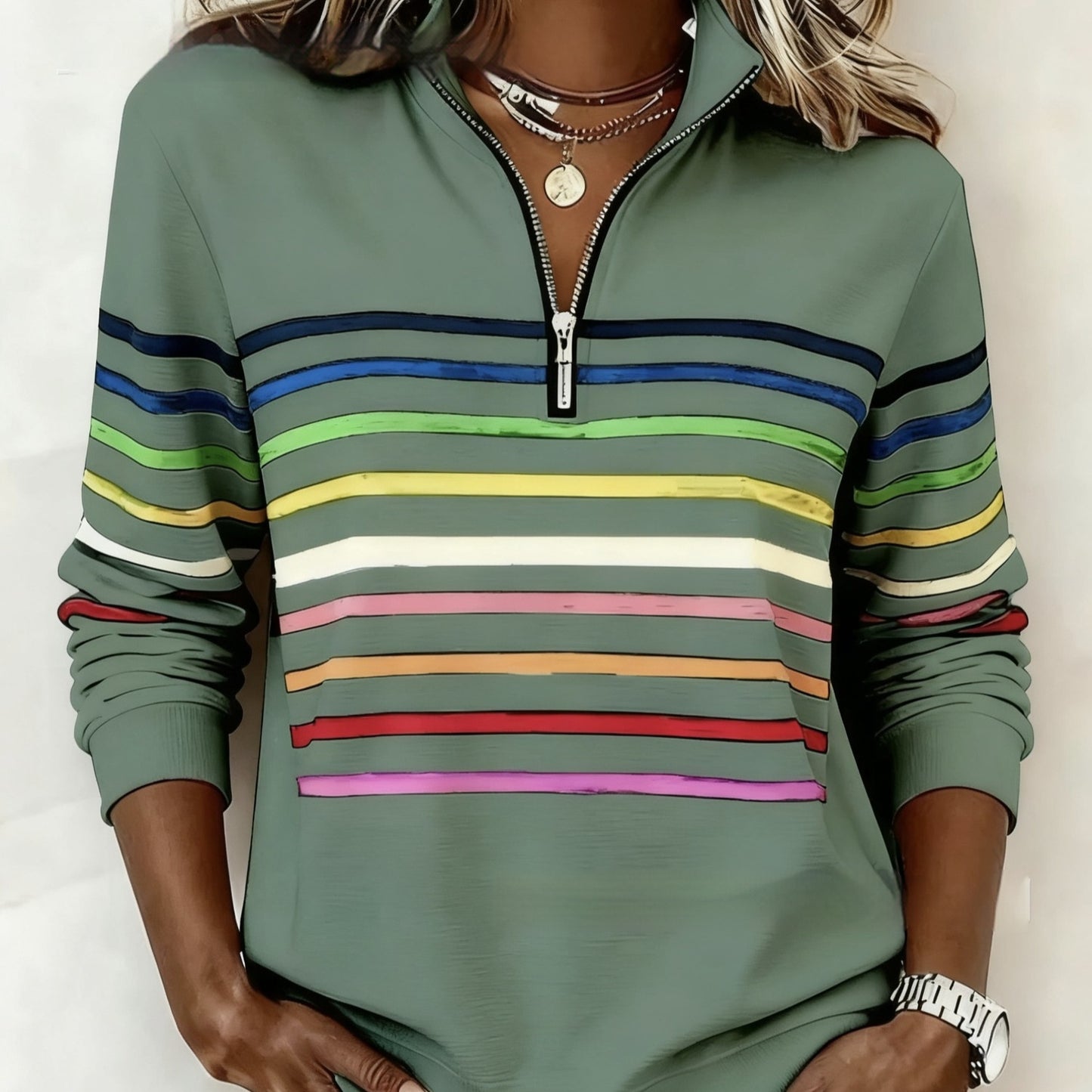 Womens Fashionable Casual Christmas Stand-Up Collar Zip-Up Sweatshirt With A Print Pattern