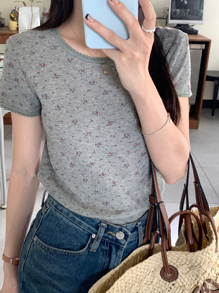 Floral Lace-collared Blouse Loose Round Neck Slim-fit Short Sleeve