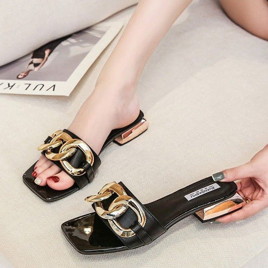 Large Size 34-43 Sandals Women's New Retro Chain Flat Shoes Niche Outdoor Slippers Women's Shoes