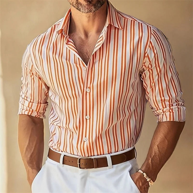Men's Lapel Button-Down Striped Collar Shirt