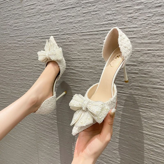 Åndbar Side Tom Sløjfe Niche Med Skørt Rhinestone Hule Pumps