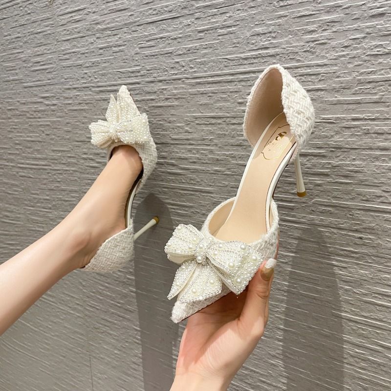 Åndbar Side Tom Sløjfe Niche Med Skørt Rhinestone Hule Pumps