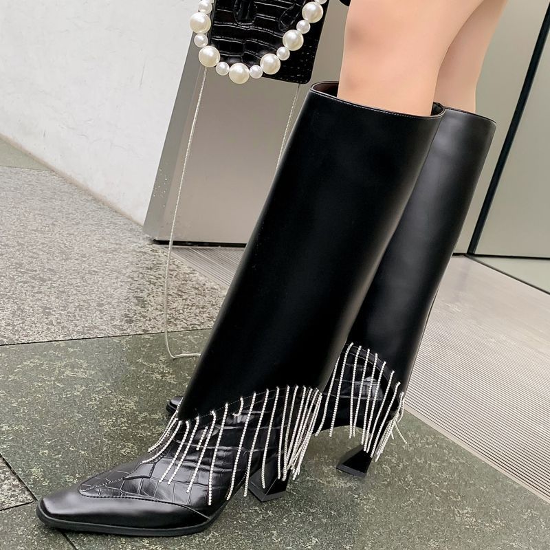 Slim Rhinestone Fringed Cowhide Trousers Boots