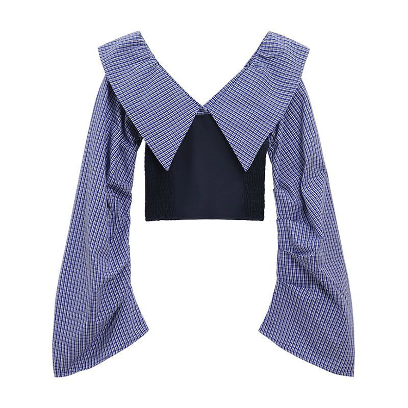 Stribet halterneck-bluse med lange ærmer og draperede patchwork-bukser med vide ben