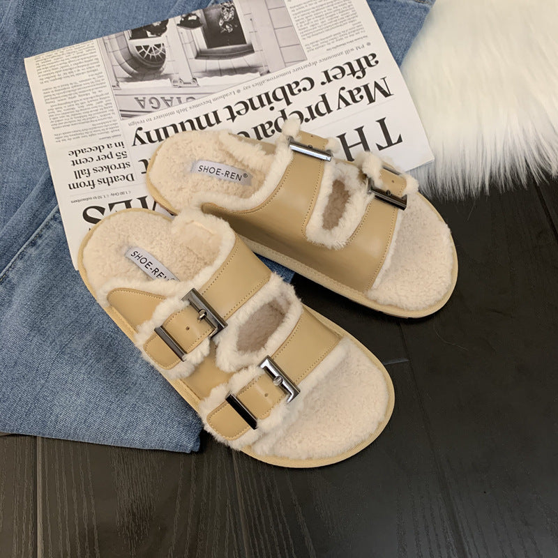 Autumn And Winter Outer Wear One-piece Lamb Wool Sandals