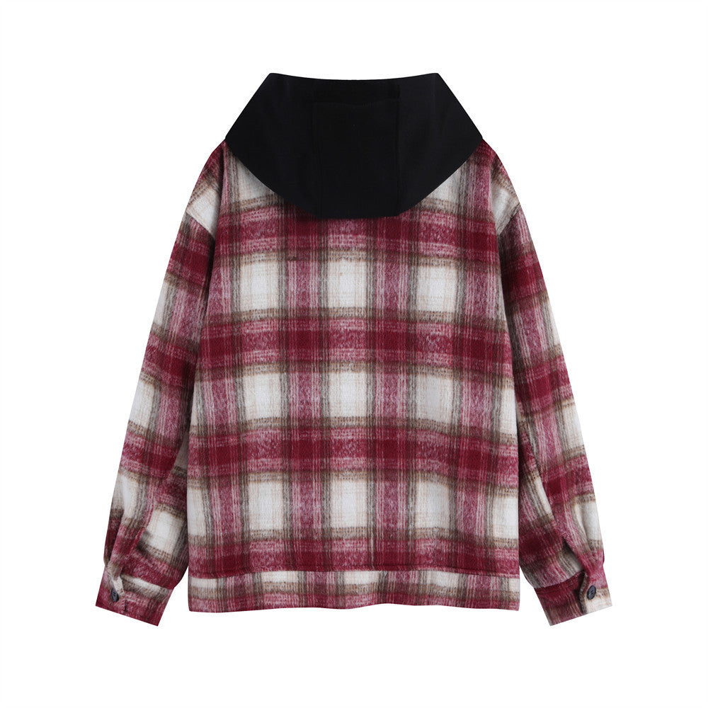 Men's Patchwork Color-contrast Check Hooded Zipper Jacket Casual Jacket
