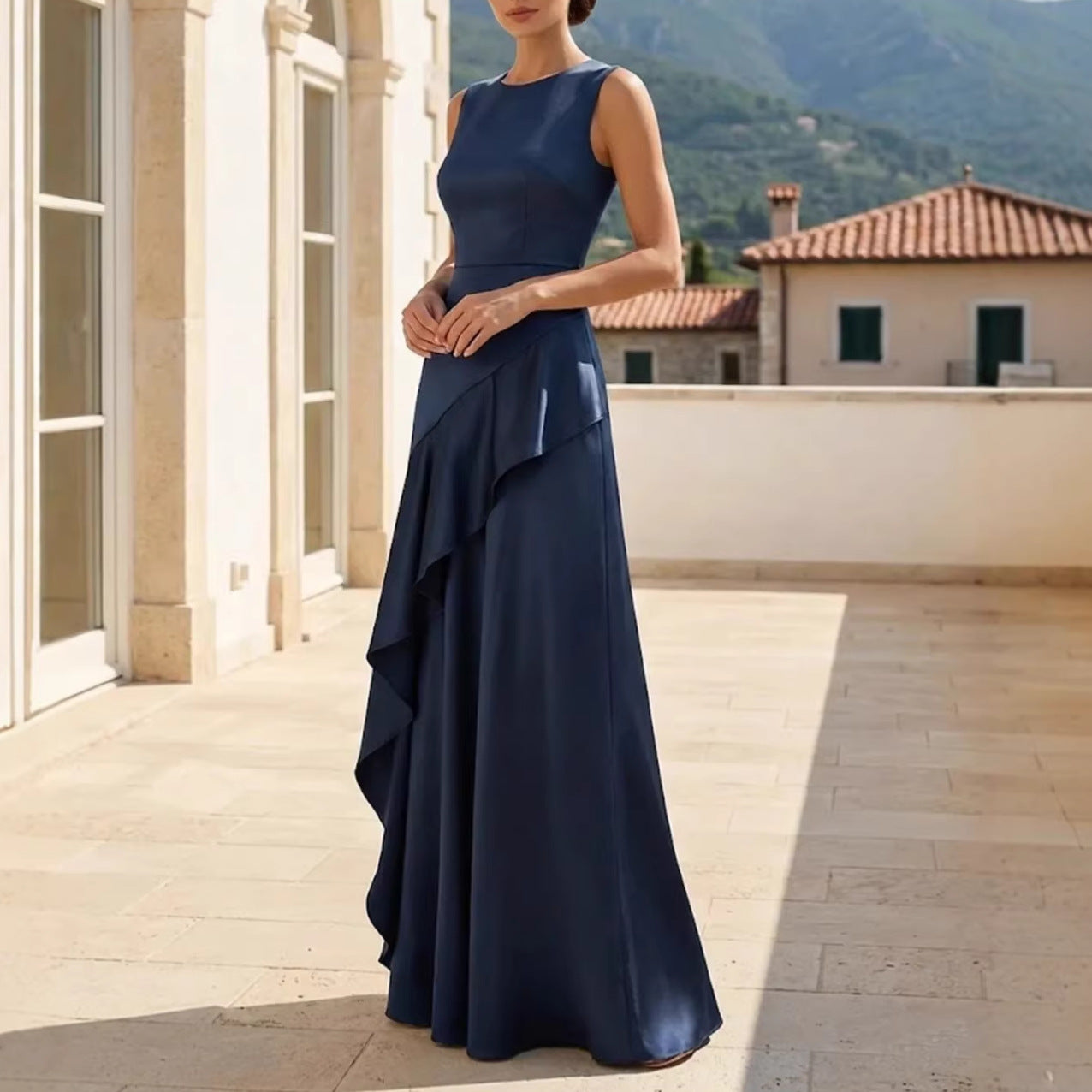 French-style Elegant Round-neck Sleeveless Dress A Fashionable Maxi Skirt With Ruffled Hem