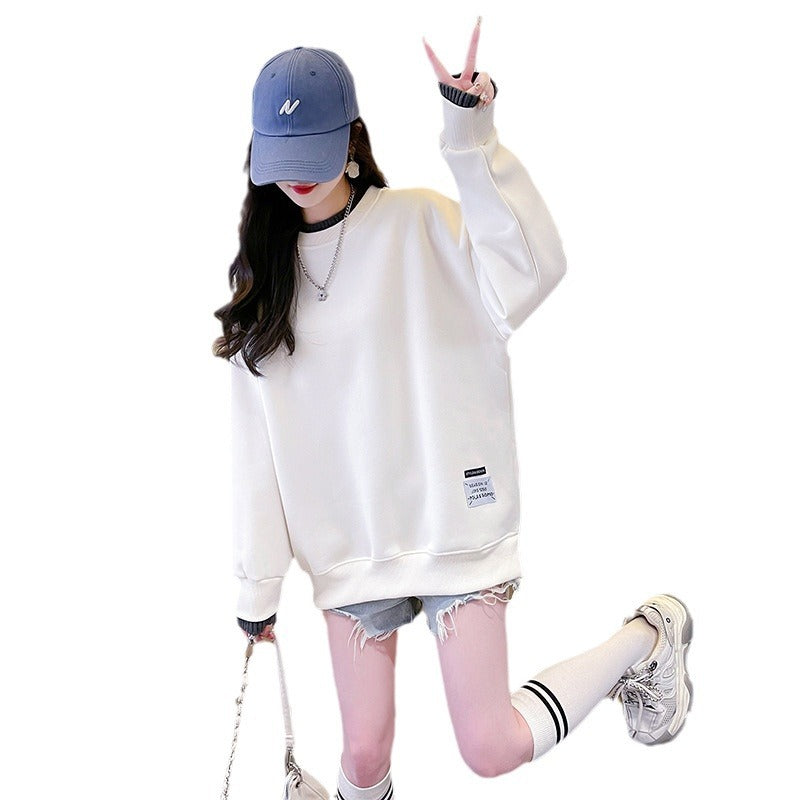 Round-neck With Fleece Lining Thick Fake Two Pieces Long Sleeve Loose Sweatshirt