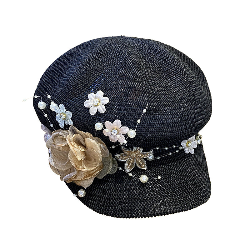 Women's Knitted Face Covering Breathable Pearl Flower Beret