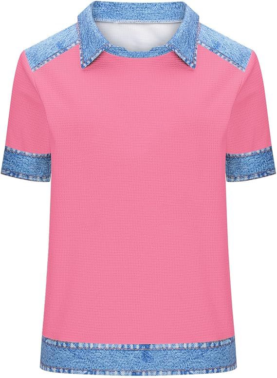 Denim Patchwork Crew Neck Short-sleeve Loose Casual Everyday Versatile