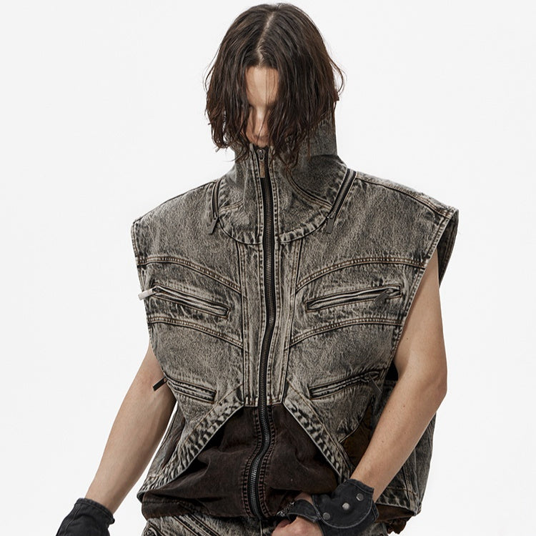 Splejsning Denim Vest Jakke Mænds Sommer Lynlås Ærmeløs Camisole